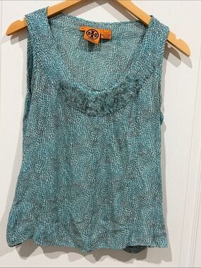 Tory Burch Teal Textured Sleeveless Tank 100% silk size 6